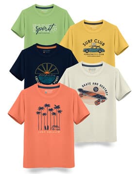 Pack of 5 Boys Graphic Print Regular Fit Round-Neck T-Shirts