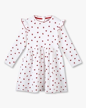 Heart print rib dress, white, 3-4y