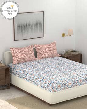 144 TC Geometric Print Fitted King-Size Bedsheet with Pillow Covers-image-25