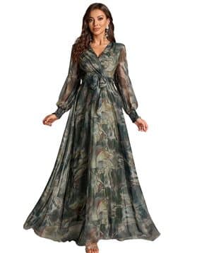 Women Printed V-Neck Wrap A-Line Dress