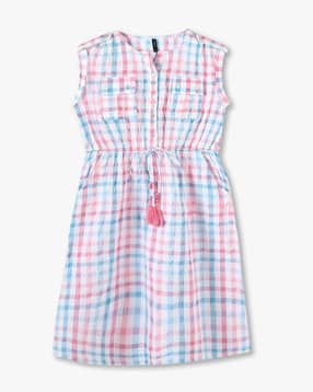Girls Checked Round-Neck A-Line Dress