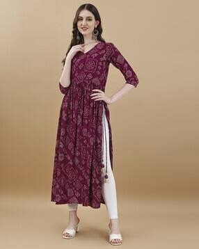 textile now Women Block Print V-Neck Flared Kurta-picture-32