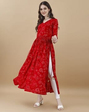 textile now Women Block Print V-Neck Flared Kurta-picture-21