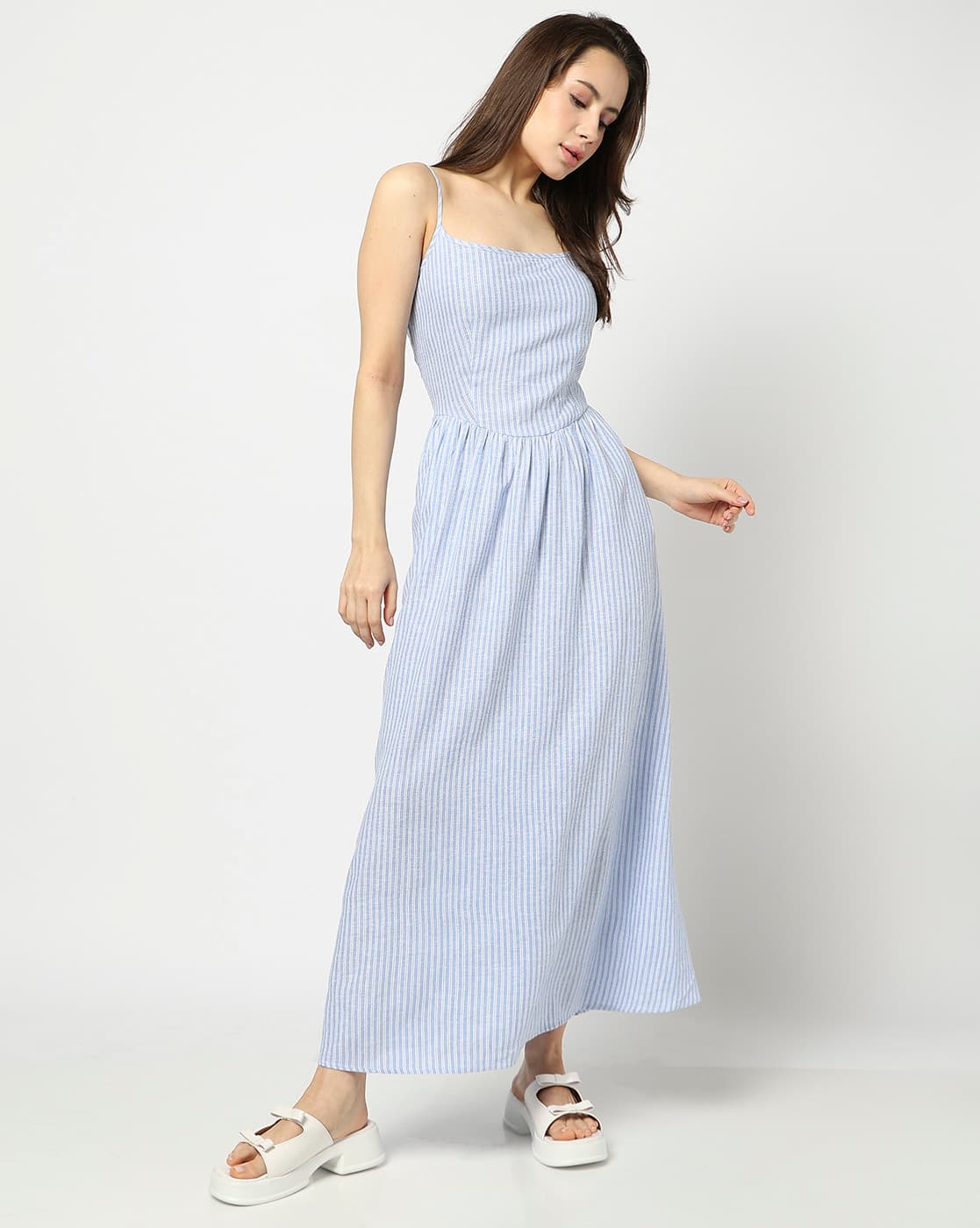 Striped Drop Waist A-Line Dress with Insert Pocket