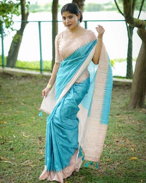 TANUKA Women Checked Printed Saree with Kantha Work