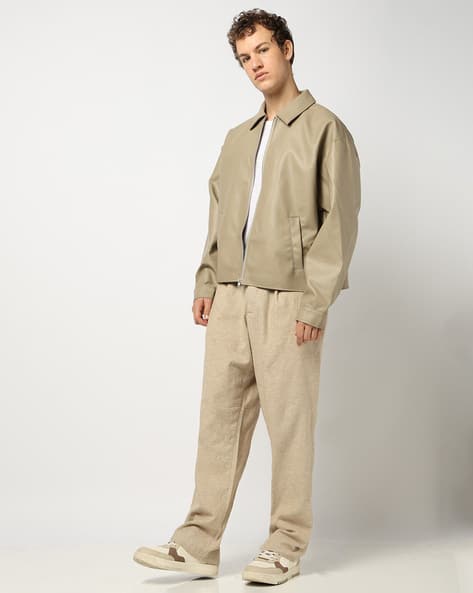 Men Linen Blend Mid-Rise Pleated Trousers