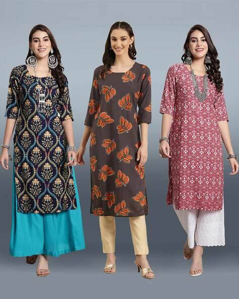 7 Threads Pack of 3 Women Floral Printed Straight  Kurta
