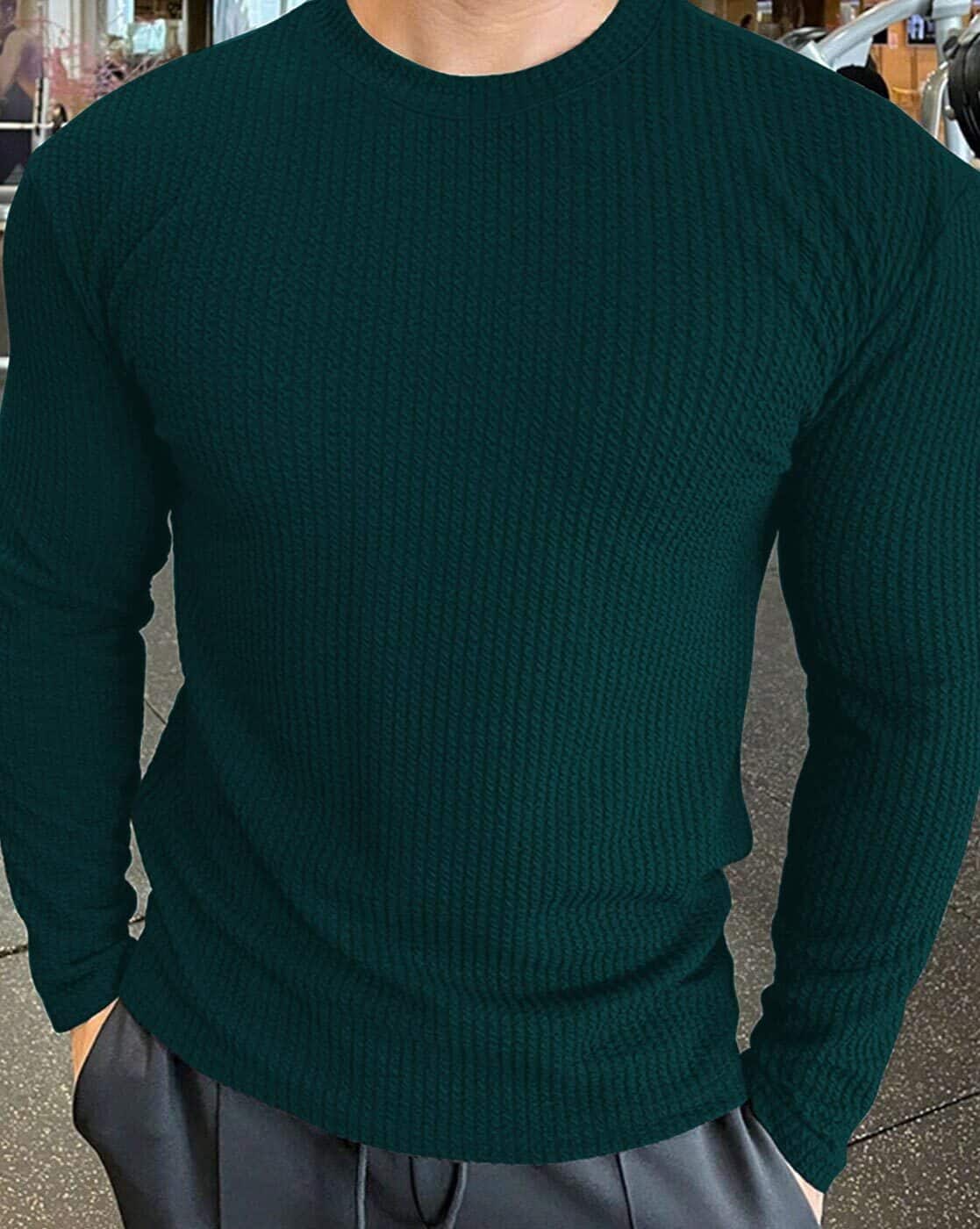 HK FASHION Men Ribbed Regular Fit Round-Neck T-Shirt (Teal)