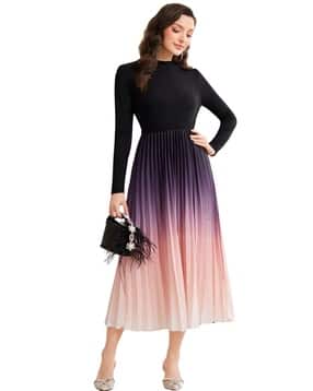 Women Pleated Ombre-Dyed Fit & Flare Dress-image-3