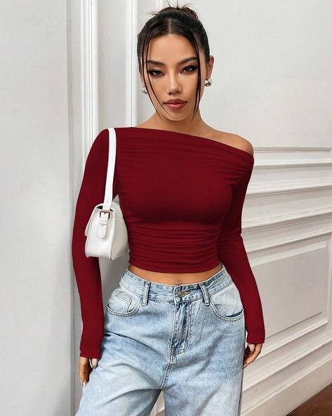 Fyre Rose Women Slim Fit Asymmetrical-Collar Pleated Top