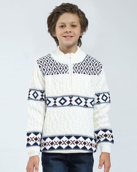Monte Carlo Boys White Sweater Boys Striped Sweater With Full Sleeves