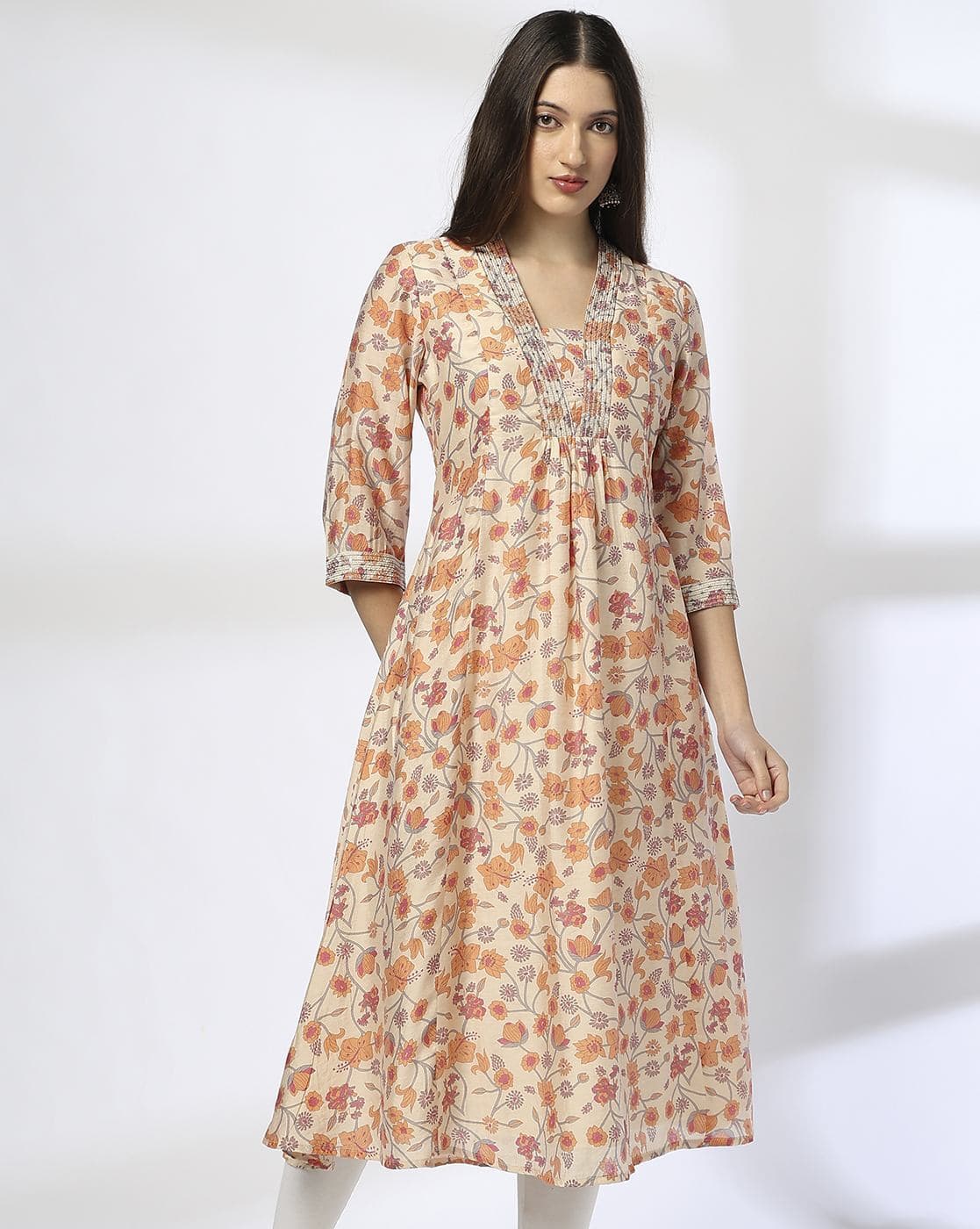 AVAASA MIX N' MATCH Women Floral Print Flared Kurta For Women (Peach, XS)
