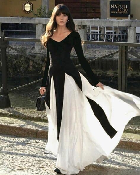 chinese dress ladies Black White Colorblock Gown