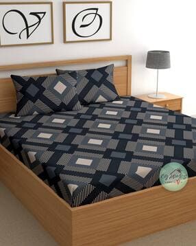 180 TC Geometric Print Double Bedsheet with Pillow Covers -image-38