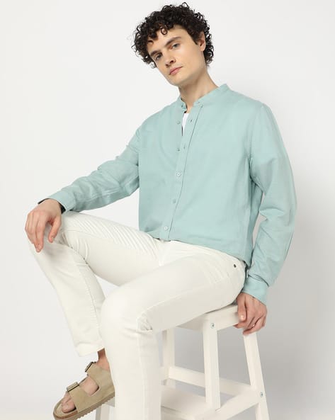 GAP Men Regular Fit Mandarin Collar Linen Shirt