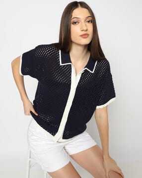 gap Women Pointell-Knit Loose Fit Button-Front Top-picture-23