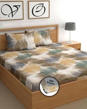 cg homes 180TC Cotton Double Printed Fitted Bedsheet with Pillow Covers-picture-20