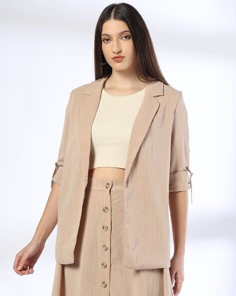 Longline Blazer Blazer Beige Long Women Relaxed Fit Single