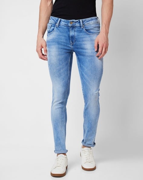 SPYKAR Men Mid-Wash Distressed Skinny Fit Jeans