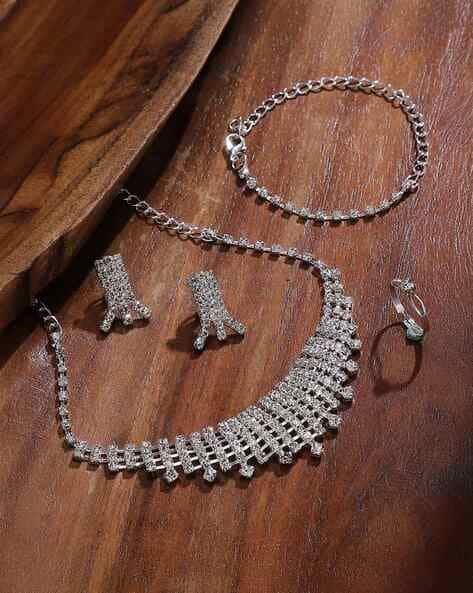 Sohi Set of 4 Women Bijou-Niht Crystal Necklace with Earrings Bracelet & Ring