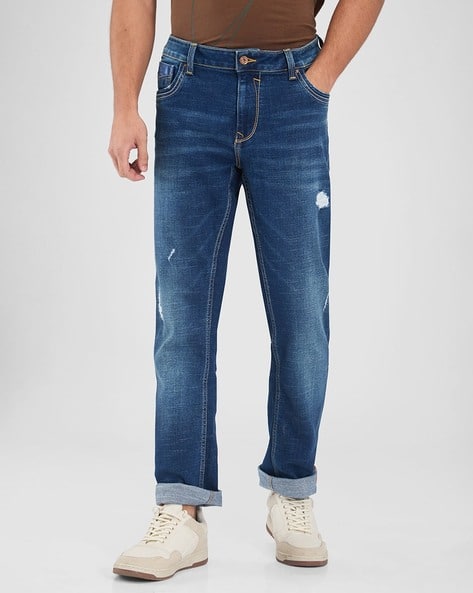 SPYKAR Men Mid-Wash Distressed Slim Fit Low-Rise Jeans