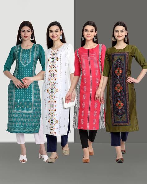 7 Threads Pack of 4 Women Printed Round-Neck Straight Kurtas