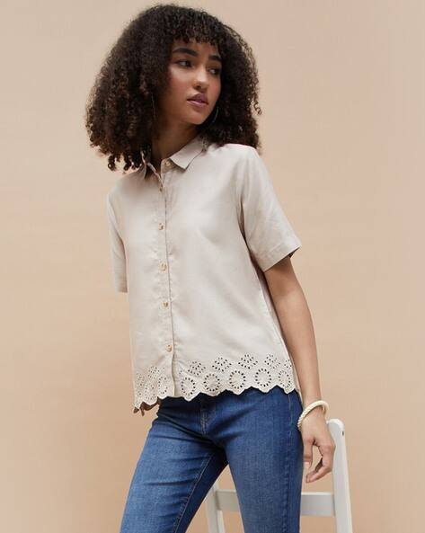 Fame forever by lifestyle Women Spread Collar Shirt with Short Sleeves