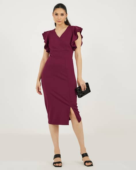 Women V-Neck Bodycon Casual Midi Dress with Sleeve Ruffles