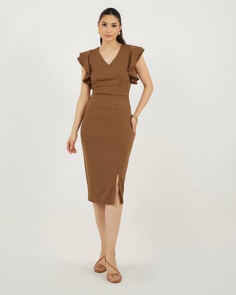 Women V-Neck Bodycon Casual Midi Dress with Sleeve Ruffles