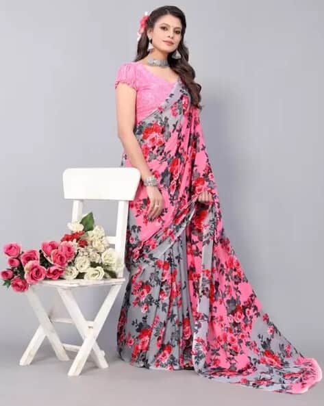 Women Floral Print Saree with Contrast Border
