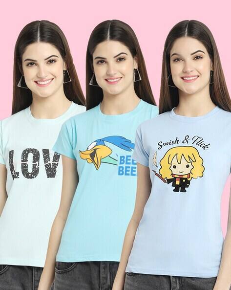 Women Pack of Graphic Print Regular Fit Round-Neck T-Shirts