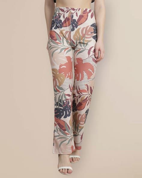 TROMKO Women Leaf Print Relaxed Fit Flat-Front Pants