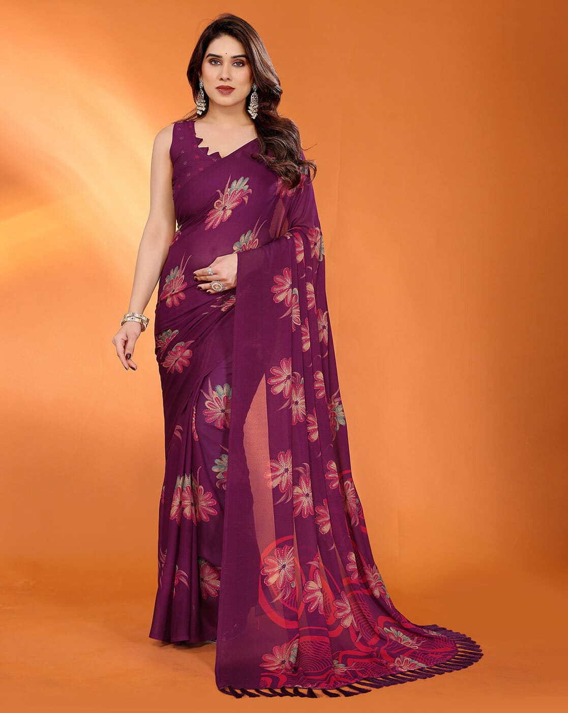 Fashionfricks Floral Print Saree with Tassels For Women (Multi, OS)