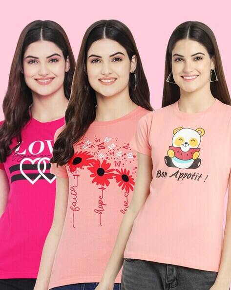 Fabflee X AG Women Pack of 3 Graphic Print Regular Fit Crew-Neck T-Shirts