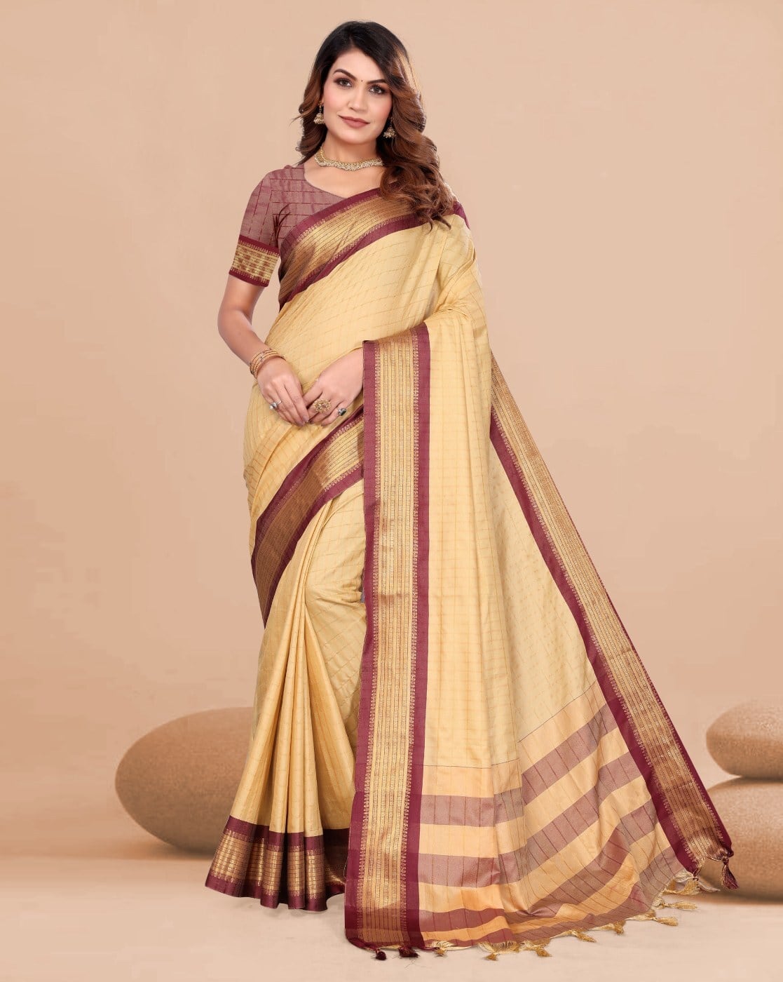 Fashionfricks Checked Saree with Contrast Border For Women (Multi, OS)