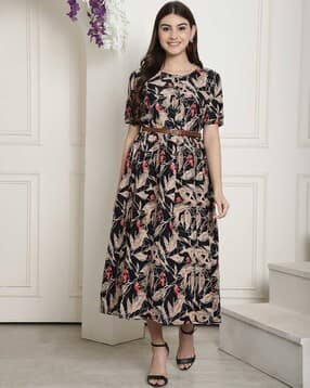 Women Leaf Print Gown Dress with Belt