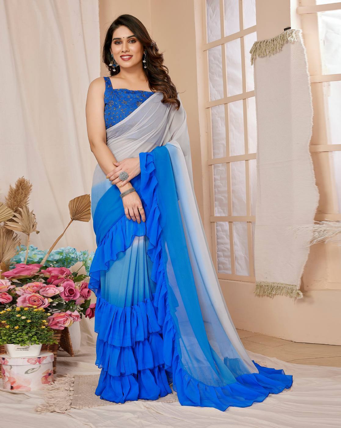 Fashionfricks Ruffle Saree with Running Blouse Piece For Women (Blue, OS)