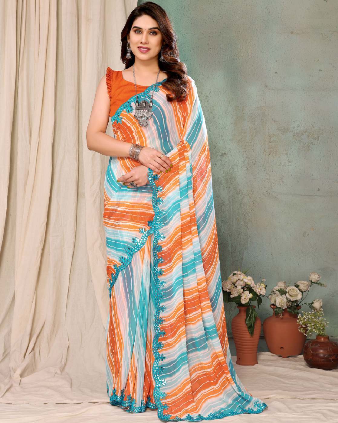 Fashionfricks Striped Saree with Running Blouse Piece For Women (Orange, OS)