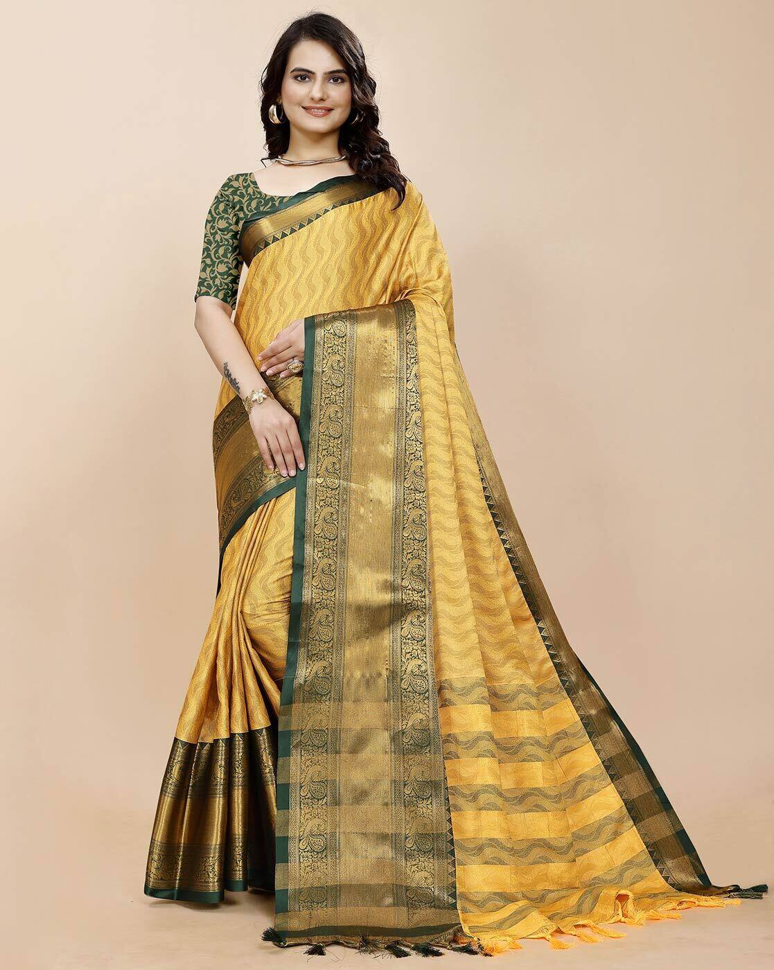Fashionfricks Saree with Contrast Border For Women (Mustard, OS)