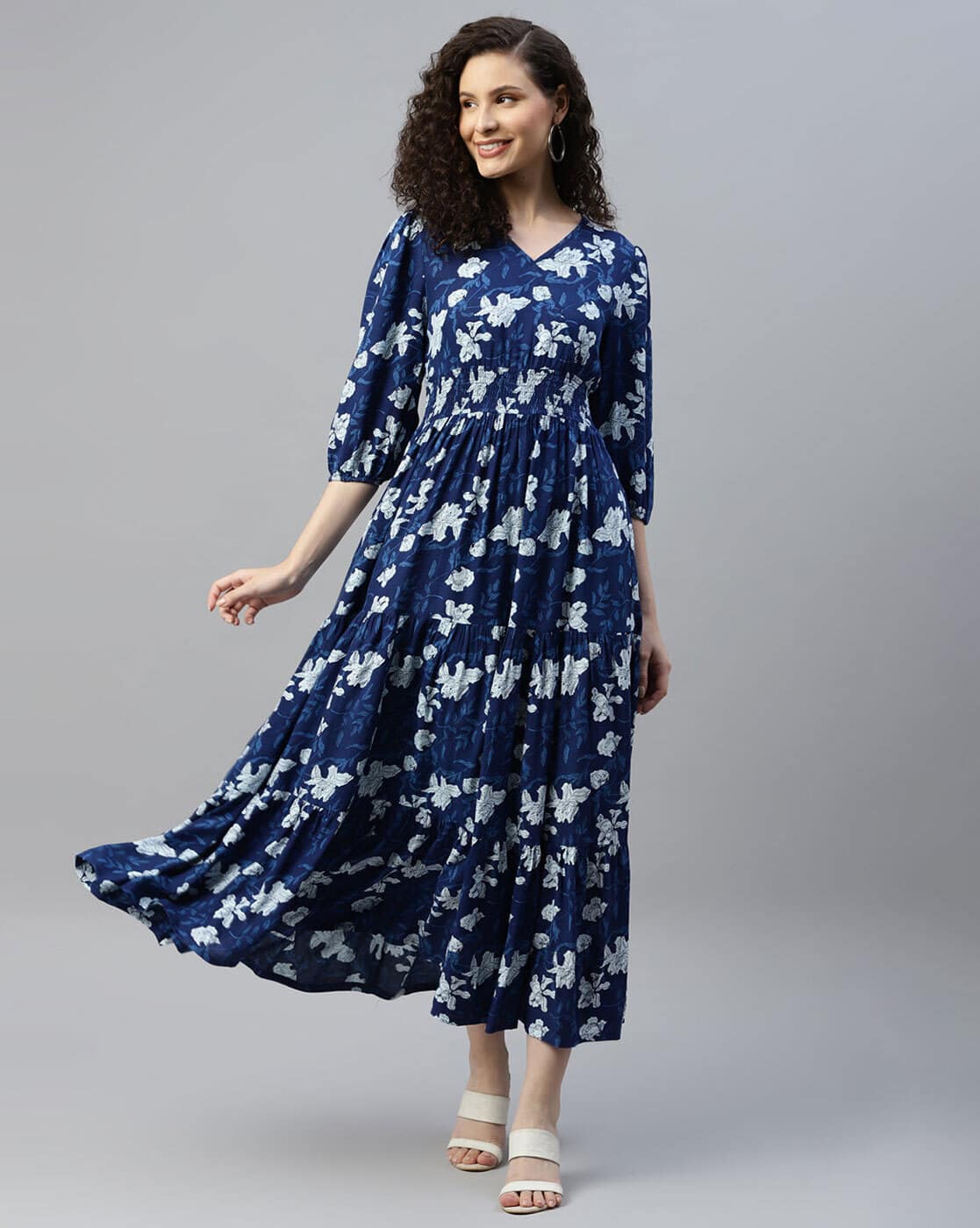 Raiyani Enterprise X AG Women Printed Fit & Flare Dress For Women (Blue, L)