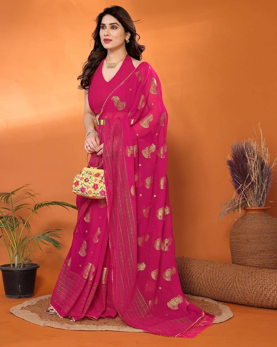 Fashionfricks Saree with Foil Work For Women (Pink, OS)