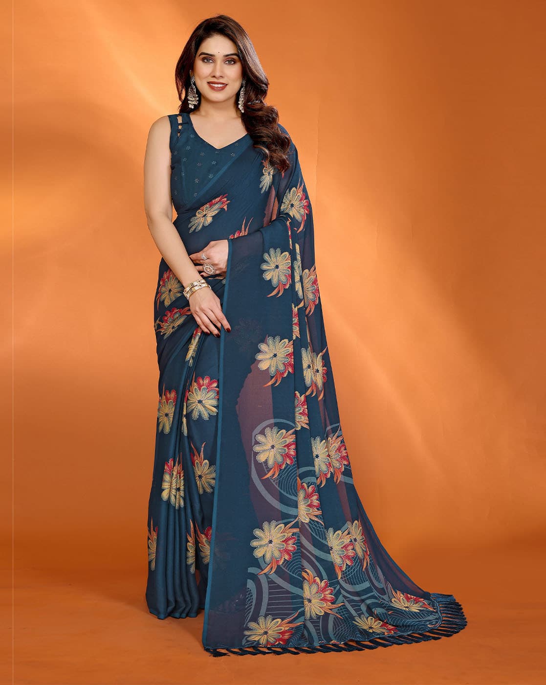 Fashionfricks Floral Print Saree with Tassels For Women (Multi, OS)