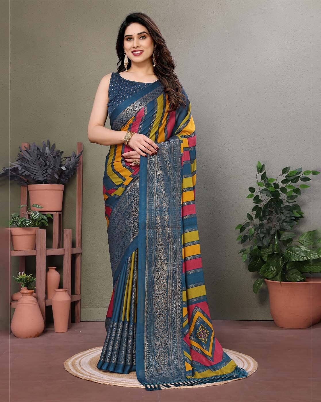 Fashionfricks Colourblocked Saree with Zari Weaving Border For Women (Multi, OS)