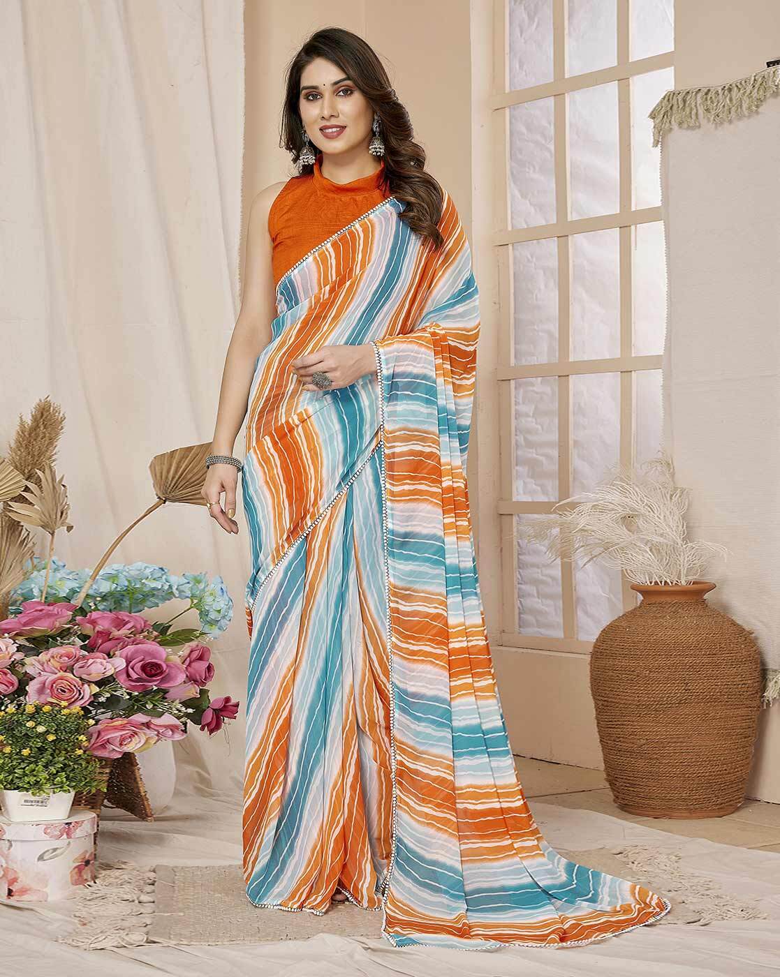 Fashionfricks Striped Pre-Stitched Saree For Women (Aqua, OS)