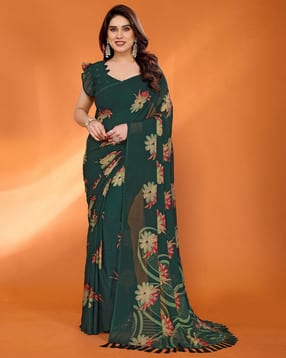 svaraa Women  Dull Moss Chiffon Printed Saree with Zari Work and Unstitched Blouse Piece Traditional Saree-picture-40