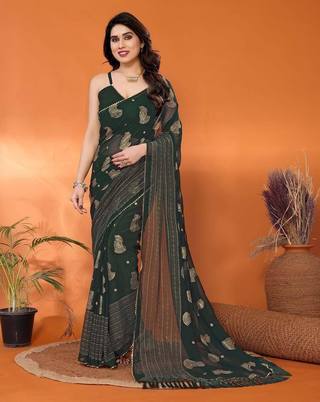 Fashionfricks Saree with Foil Work For Women (Green, OS)