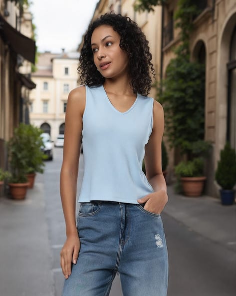 Buy Buda Jeans Co Women Fitted V-Neck Tank Top Online | Ajio.com