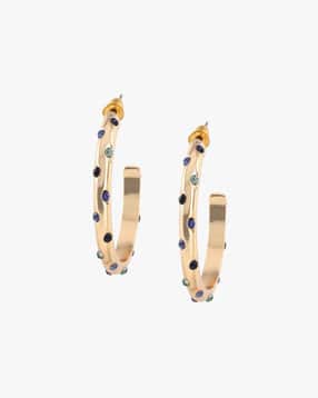women gold-plated stone-studded hoop earrings