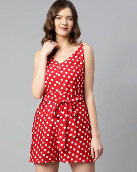 Women Polka-Dot V-Neck Playsuit with Waist Tie-Up