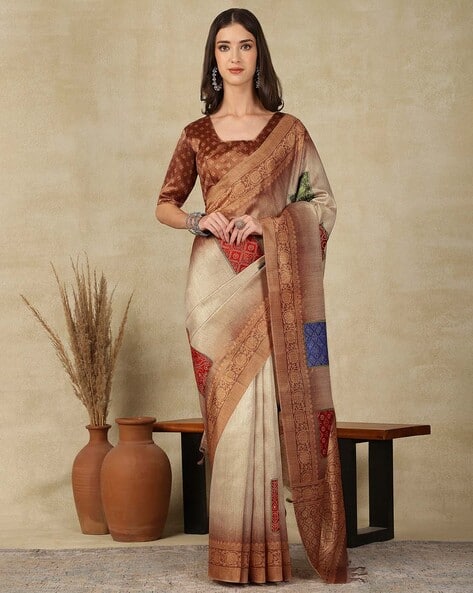 Ri-wah Women Floral Woven Cotton Saree with Contrast Border